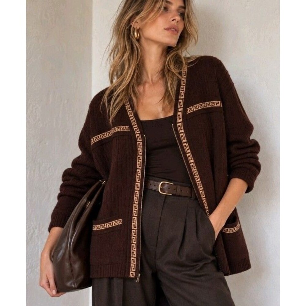 Vintage Adolfo Collectibles Wool Blend Greek Key Zip Cardigan Large Full Zipper